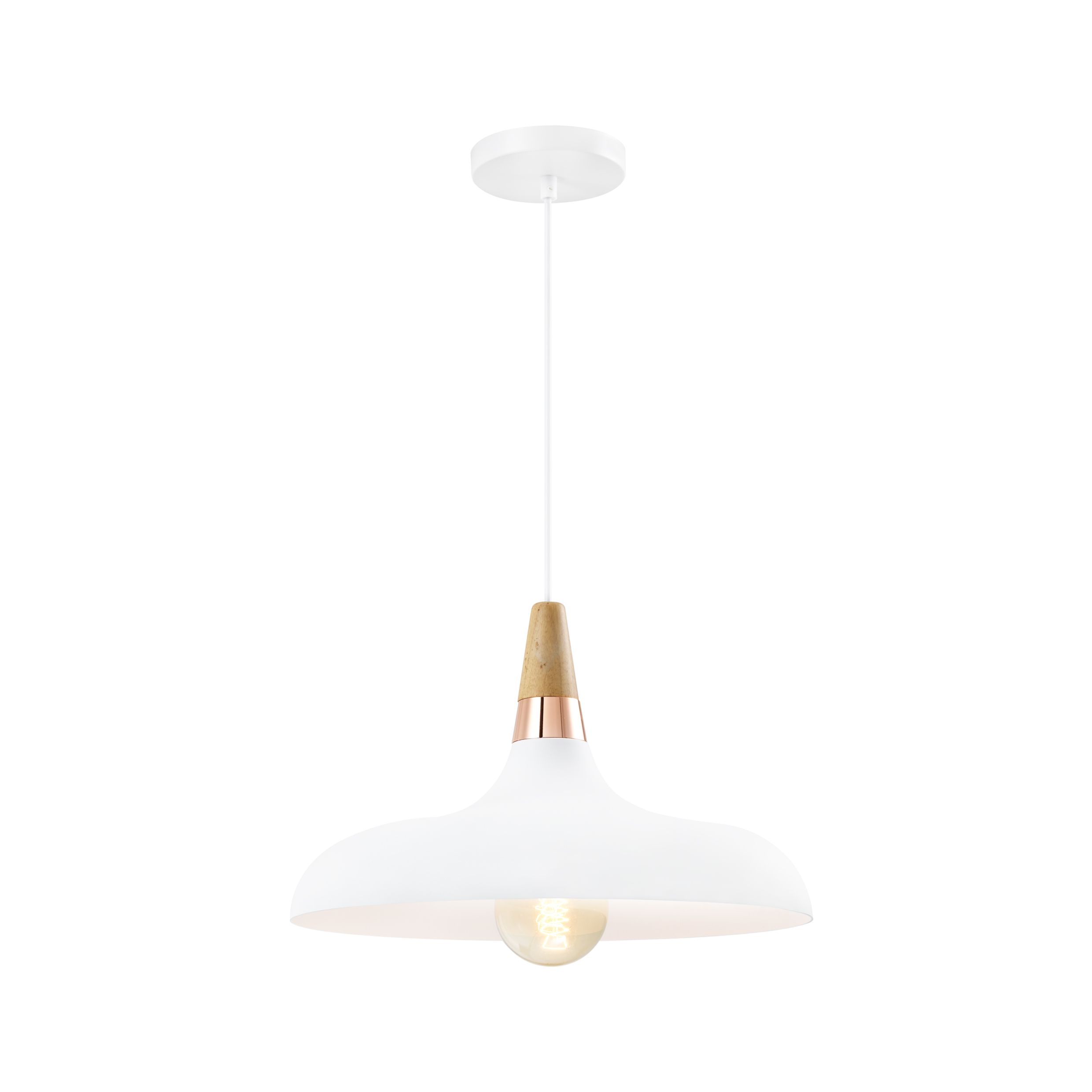 QUVIO Hanglamp retro – Wit, laag design met houten detail – 30 cm