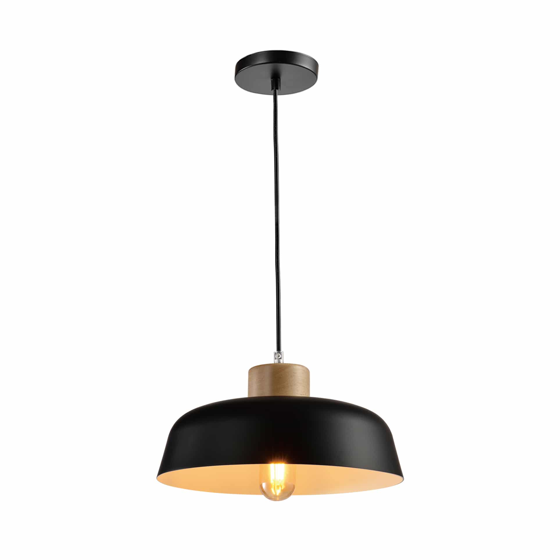 QUVIO Hanglamp Rond – Scandinavisch Design in Zwart & Hout, 30 cm