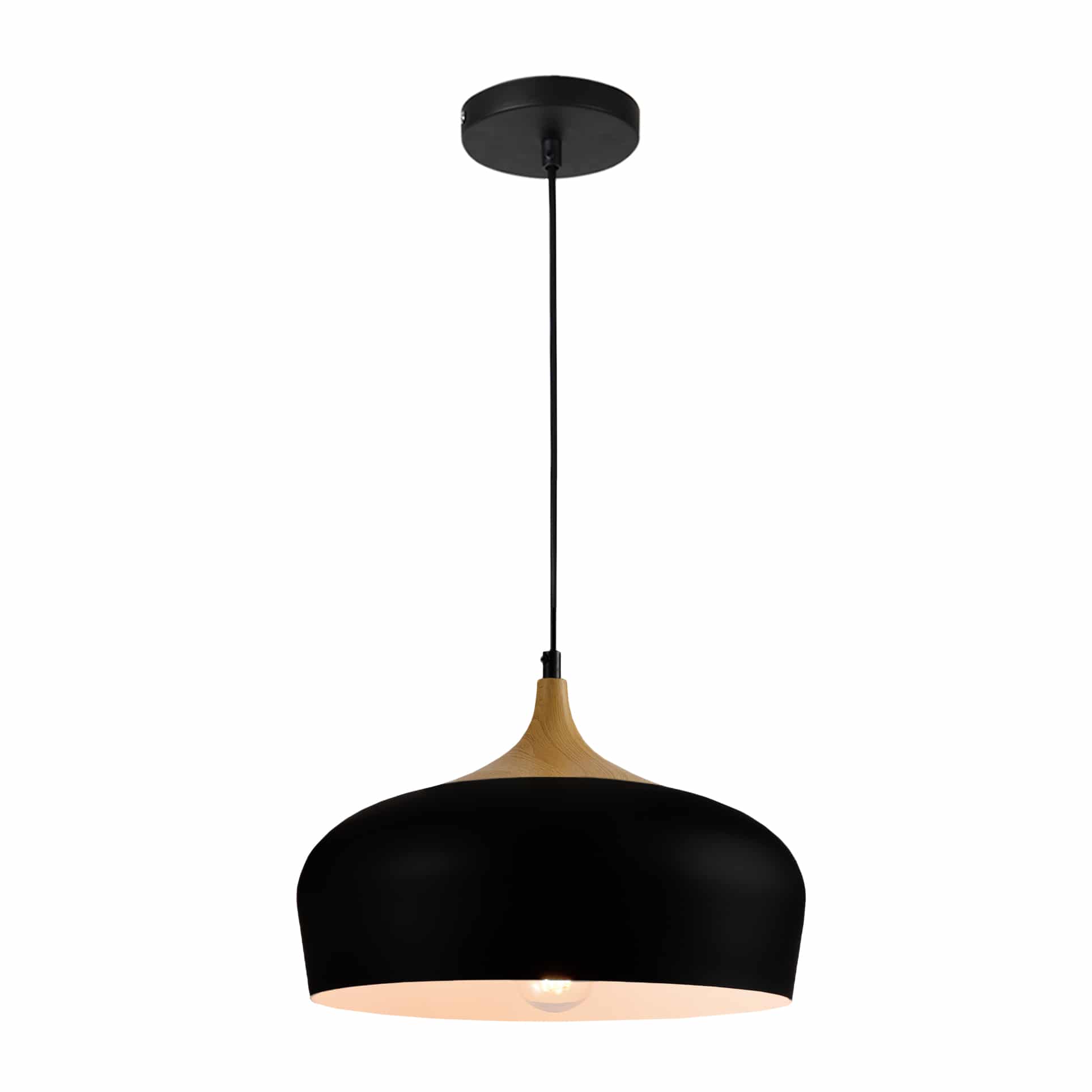 QUVIO Hanglamp Scandinavisch – ronde metalen lamp met houtlook, 33 cm, zwart‑bruin