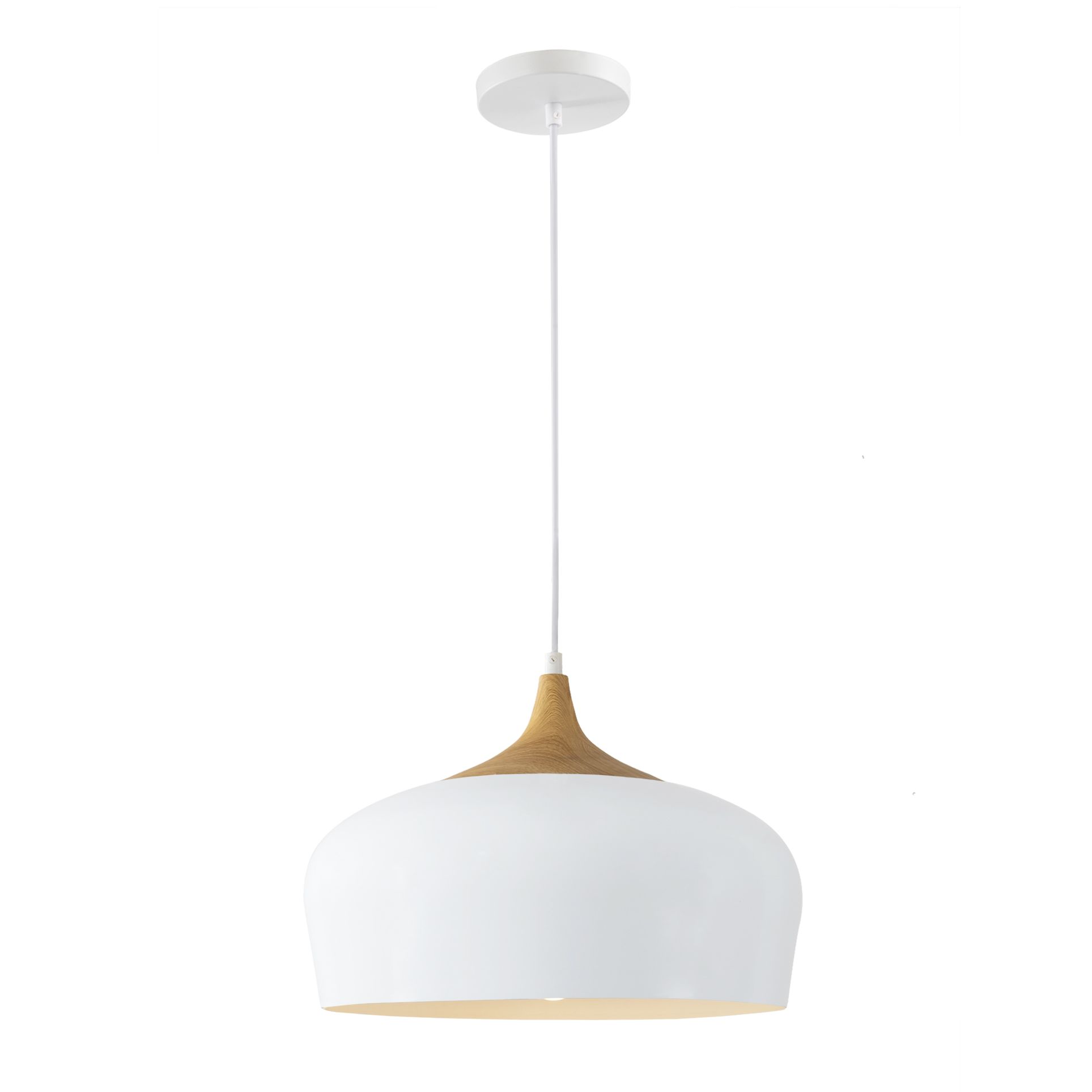 QUVIO Hanglamp Scandinavisch – Ronde metalen lamp met houtlook, wit & bruin, 33 cm
