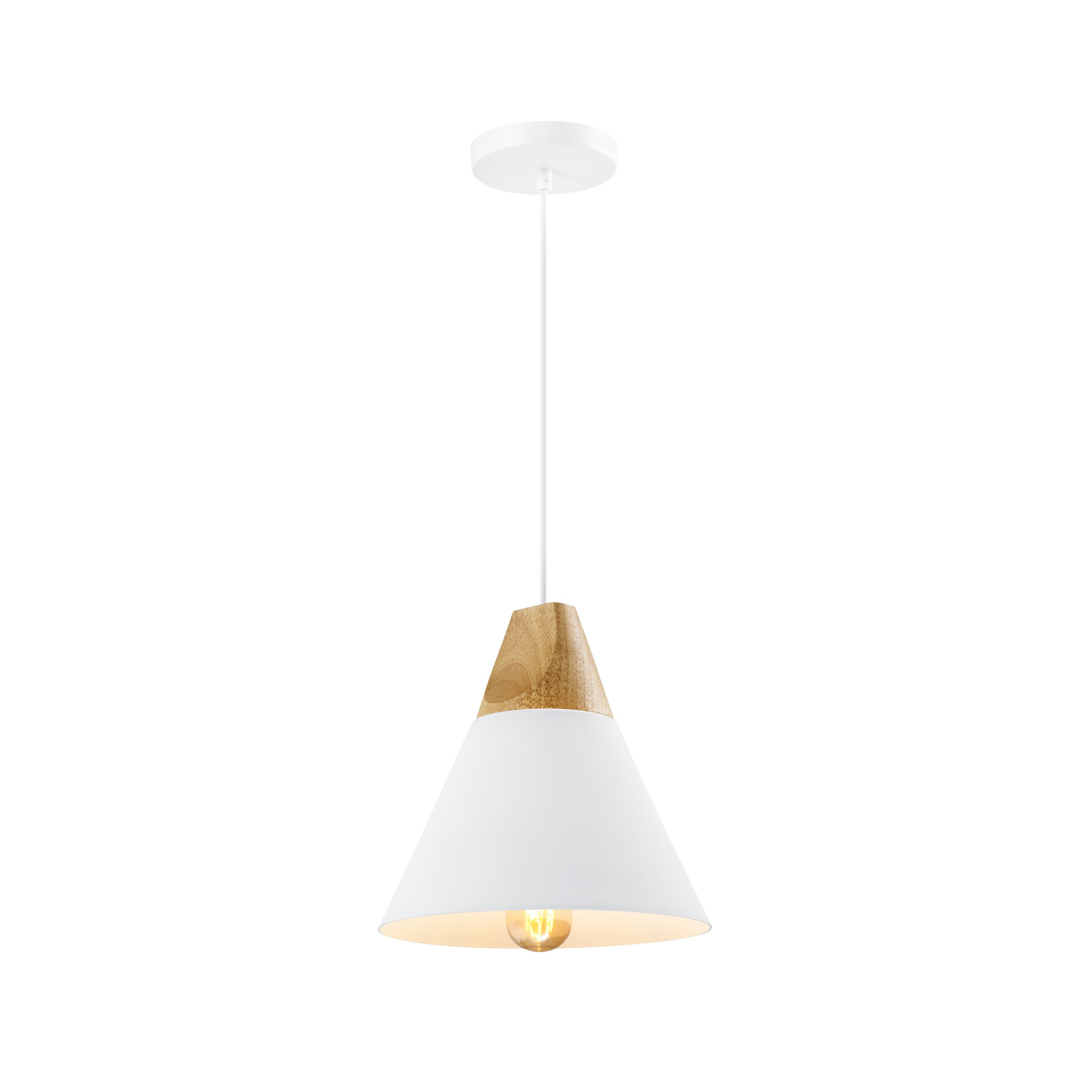 QUVIO Hanglamp Scandinavisch – Strakke Kegellamp met Houten Kap in Wit