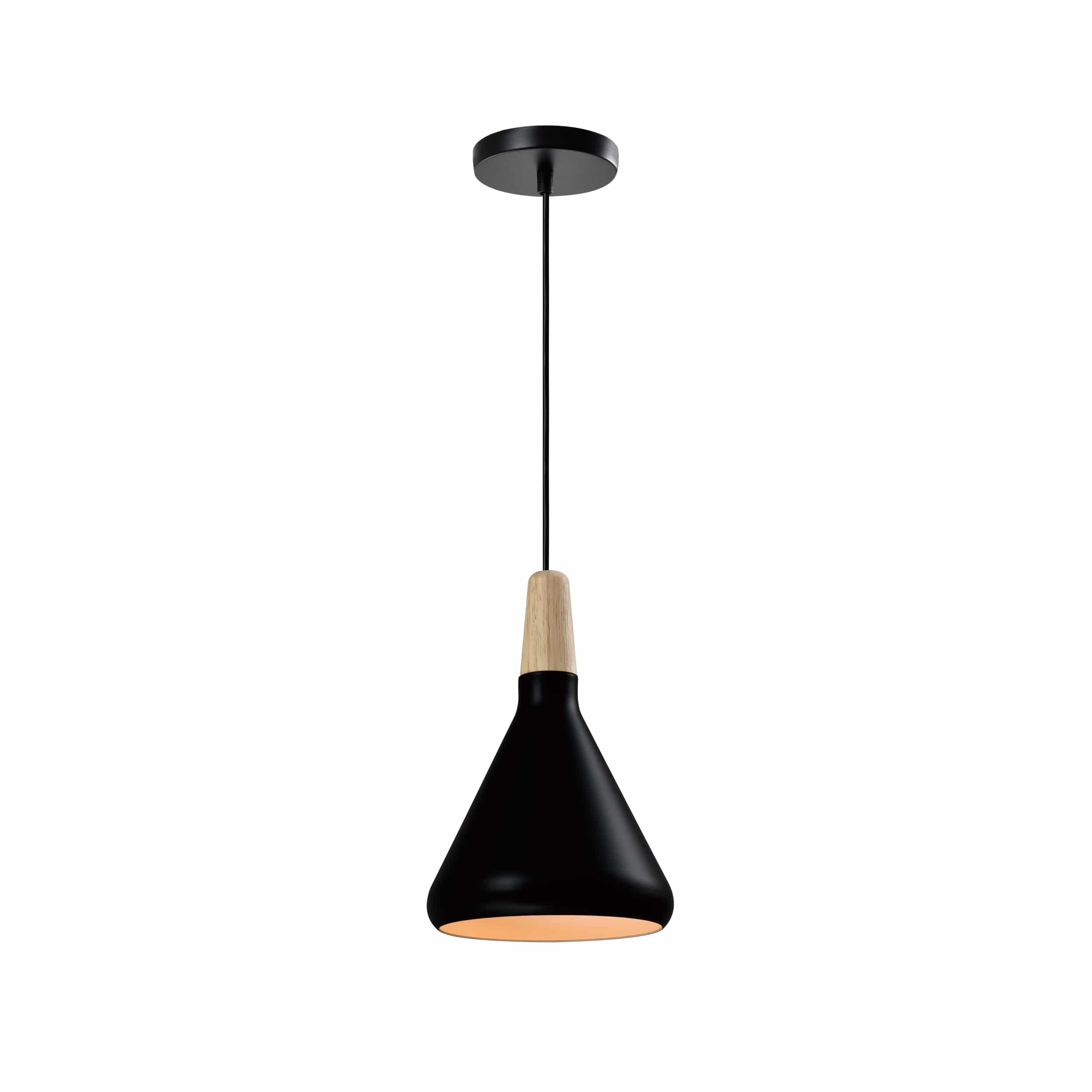 QUVIO Hanglamp Scandinavisch – Zwarte Kegel met Houten Kop, 17 cm