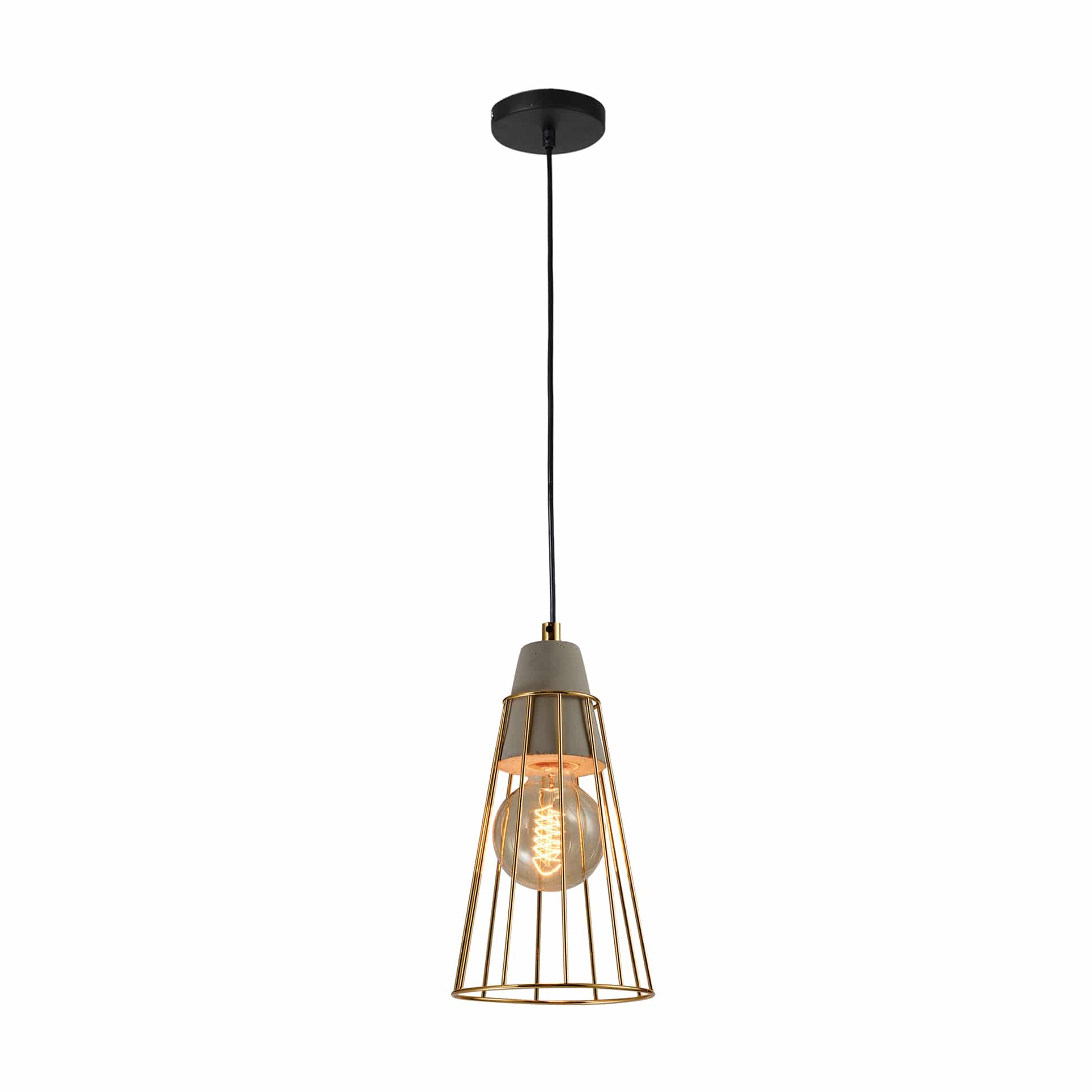 QUVIO industriële betonnen hanglamp met gouden kooi – 14 cm diameter