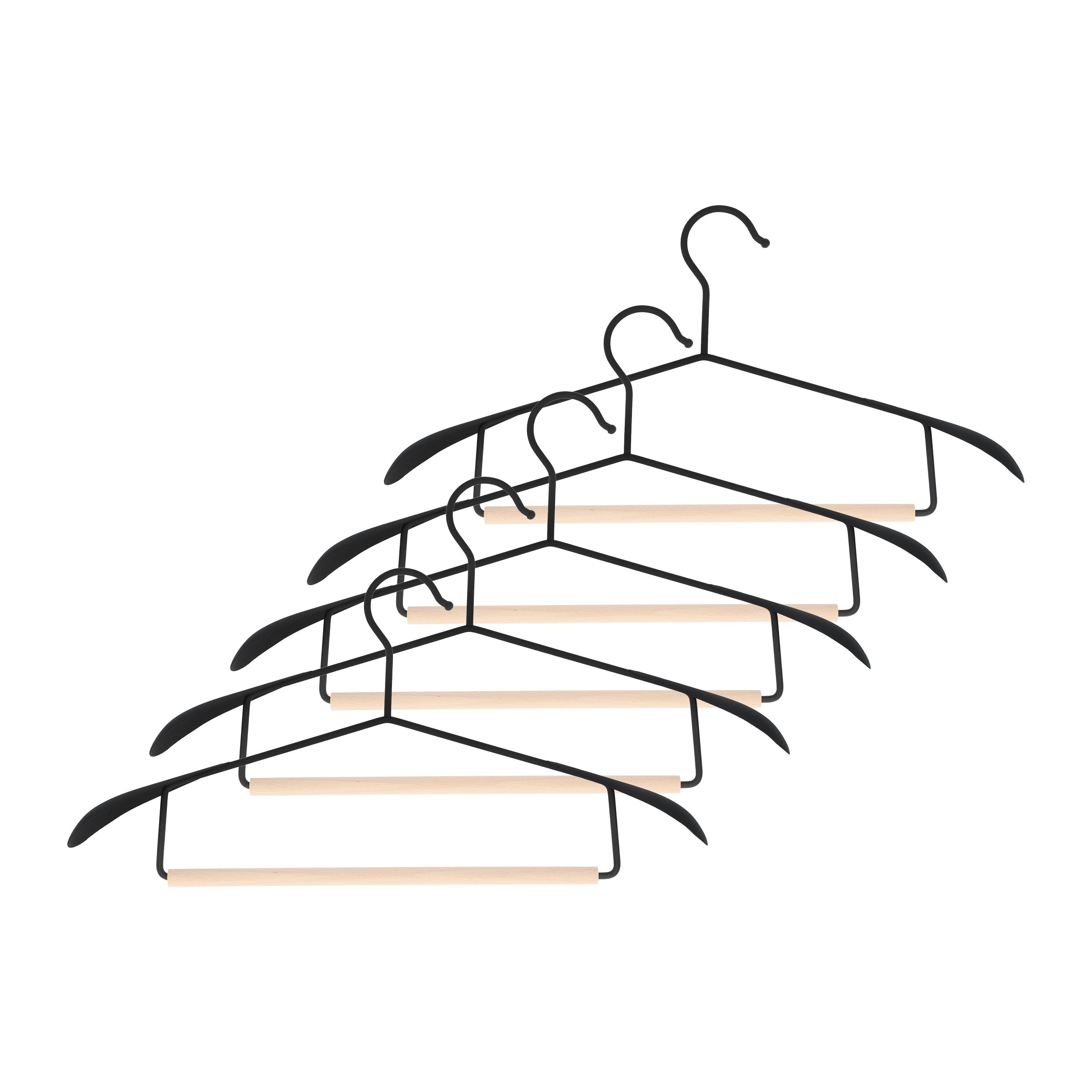 QUVIO Kledinghanger Set van 5 – Strakke zwarte hangers met houtaccent voor een georganiseerde kast