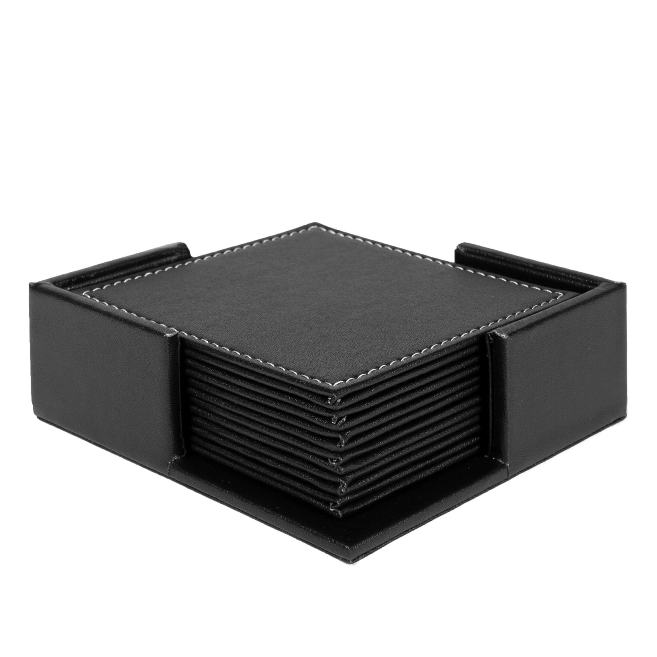 QUVIO leren onderzetters set – 6 stuks met stijlvolle houder