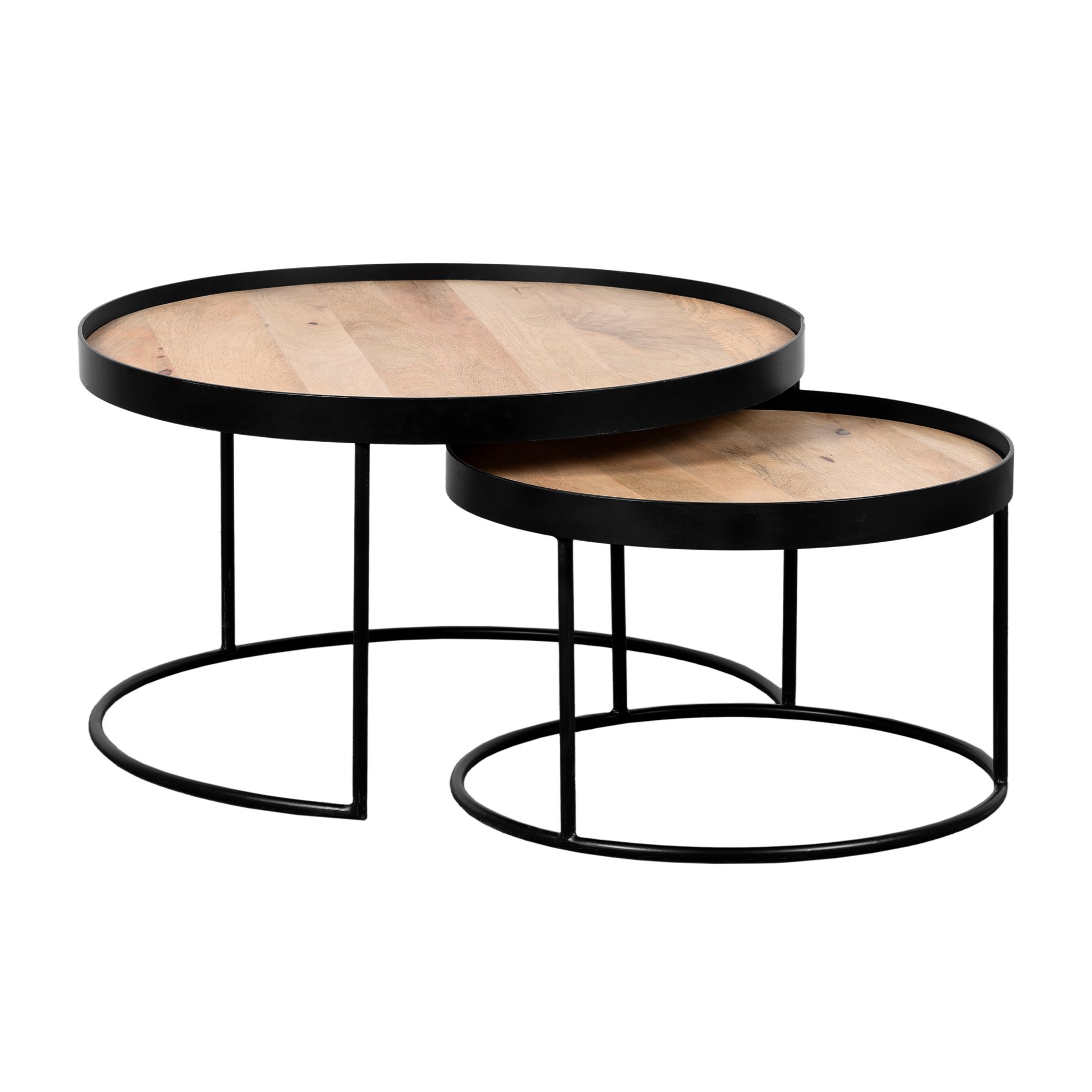 Quvio Sara ronde salontafels – Set van 2, duurzaam mangohout met zwart metalen frame