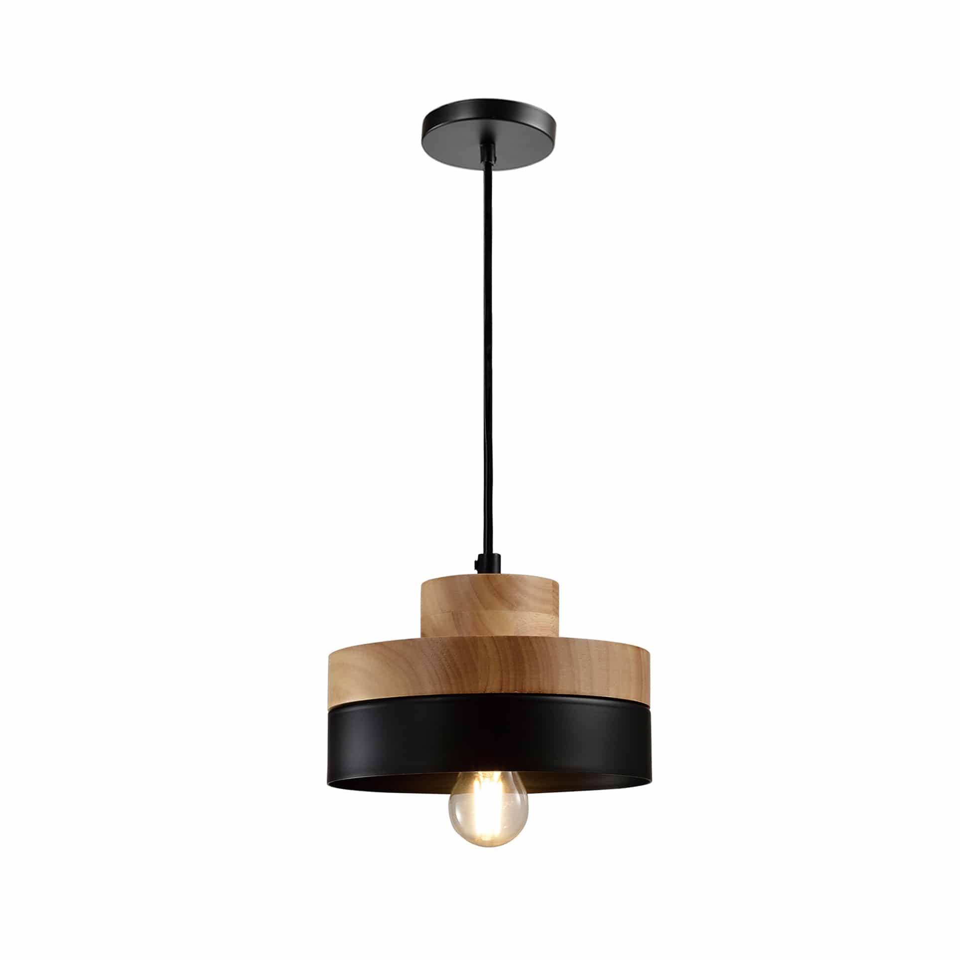 QUVIO Scandinavische Ronde Hanglamp – Hout & Zwart Aluminium, 18 cm