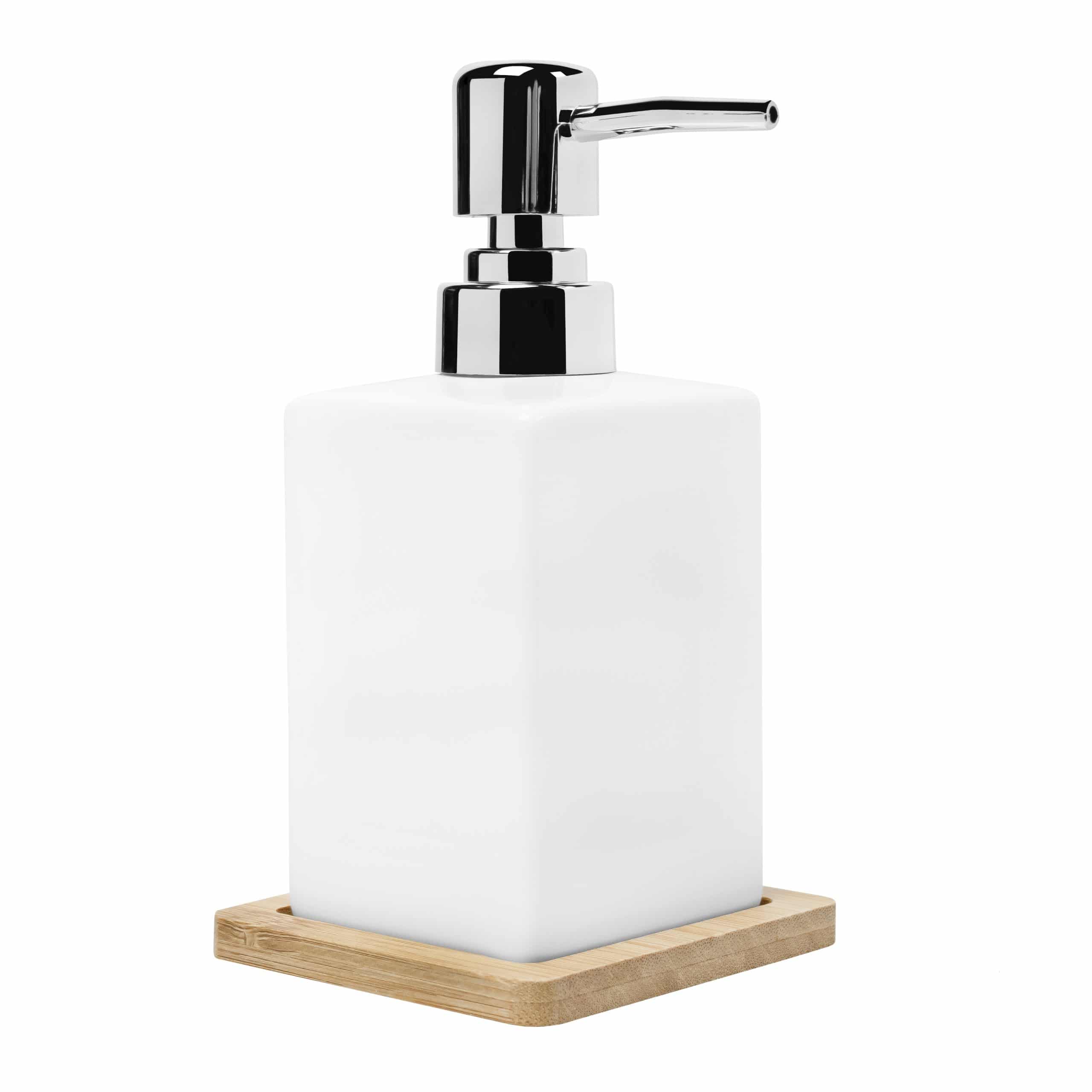 QUVIO witte zeepdispenser met houten onderzetter – stijlvol en functioneel