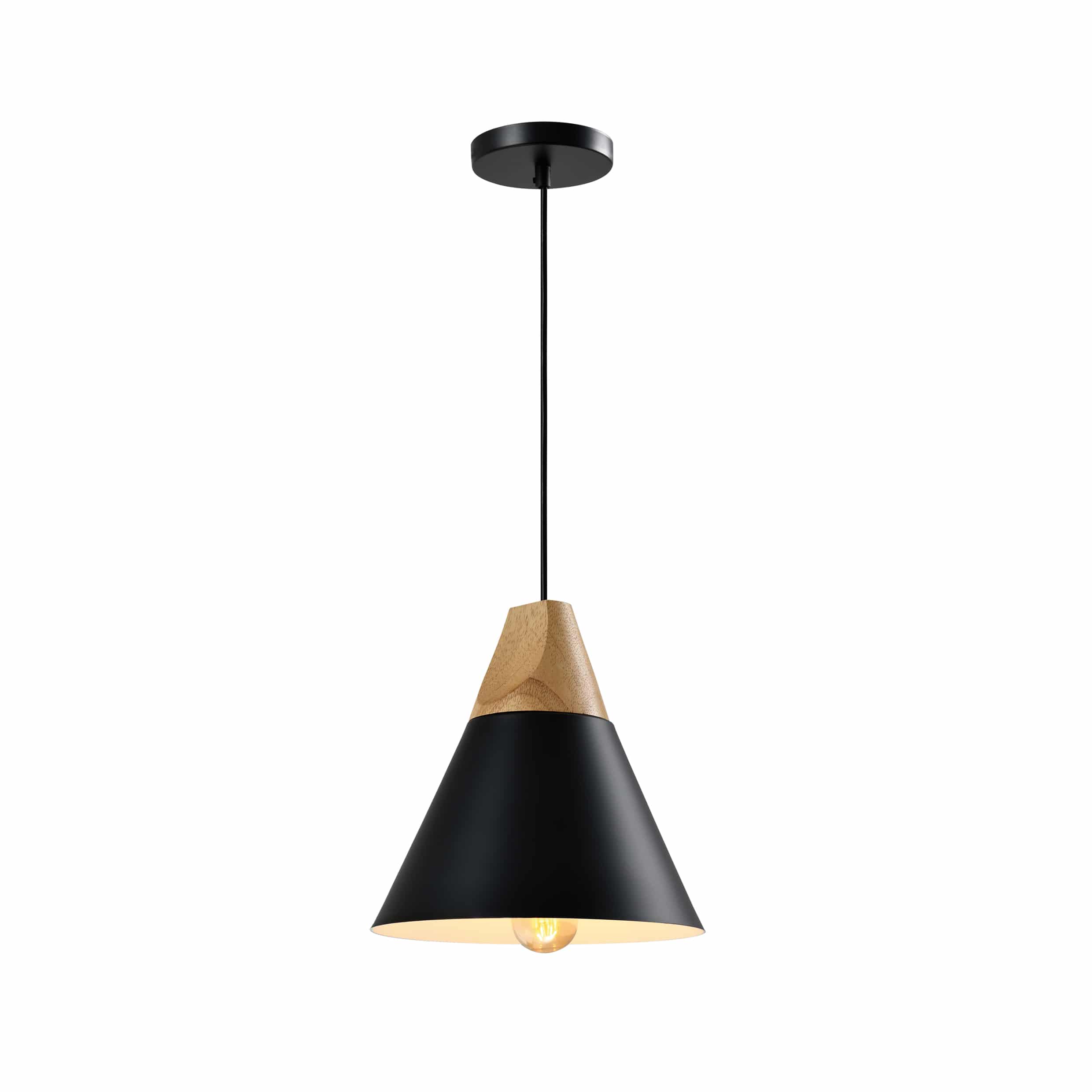 QUVIO zwarte Scandinavische hanglamp – strakke kegel met houten kap, 22 cm