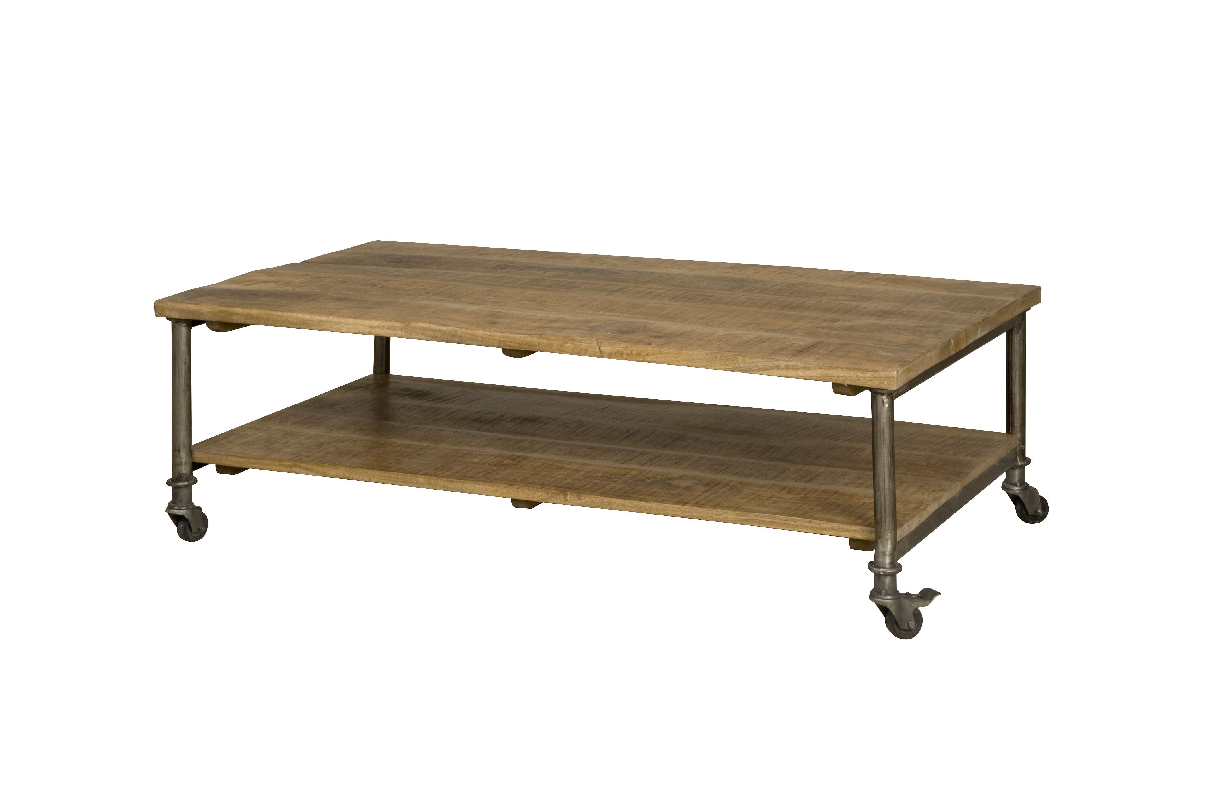 Renew Callum Salontafel met Zwenkwielen – Vintage Metalen Elegantie en Mango Houtenblad