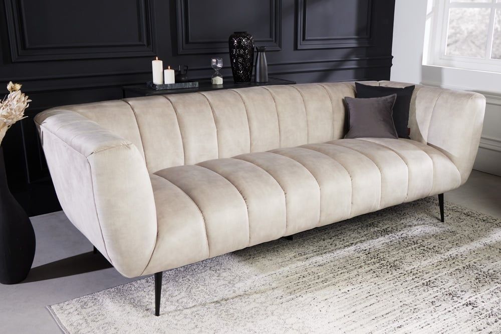 Retro 3‑zitbank NOBLESSE – Luxe champagnefluweel met decoratieve quilting
