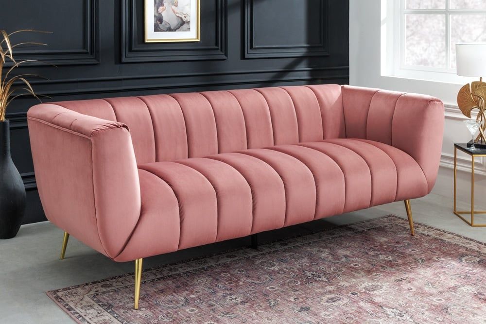 Retro 3‑zitsbank NOBLESSE – 225 cm oudroze fluweel met decoratieve quilting