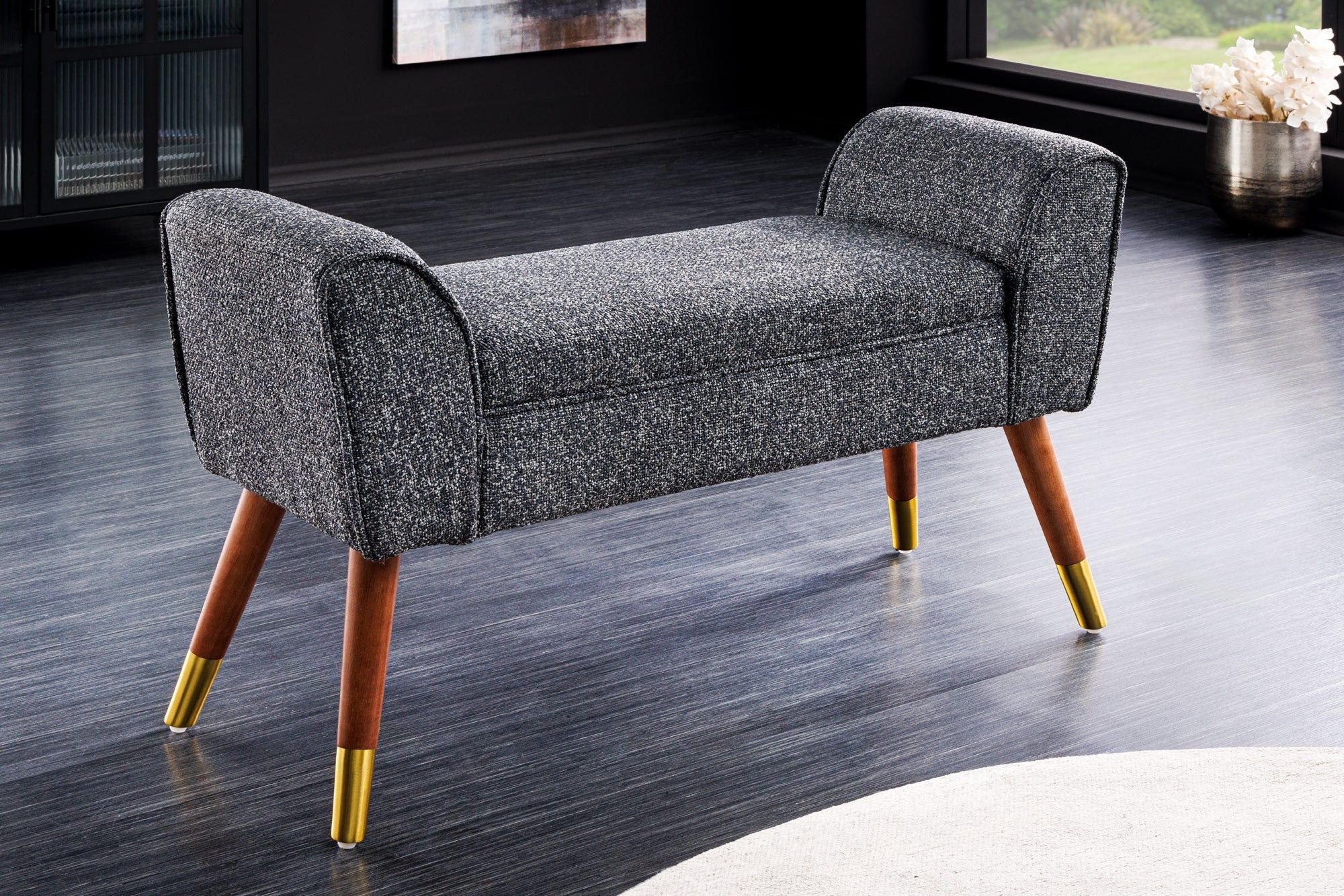 Retro Bank SCARLETT – Antraciet Bouclé met armleuningen, 90 cm | Invicta Interior