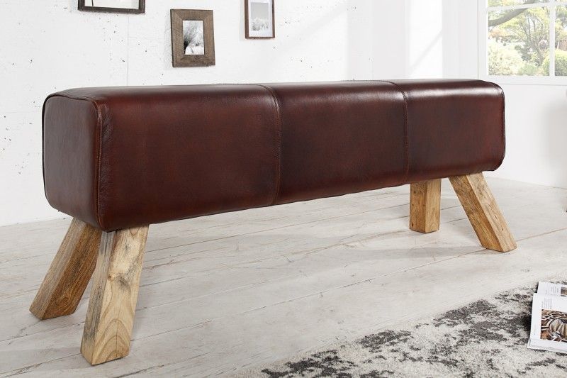 Retro bank TURNBOCK 120 cm – Echte leercoupé op mangohouten onderstel