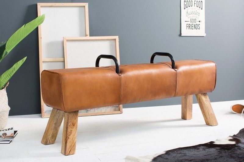 Retro bank TURNBOCK – 134 cm mangohout & echt leer van Invicta Interior