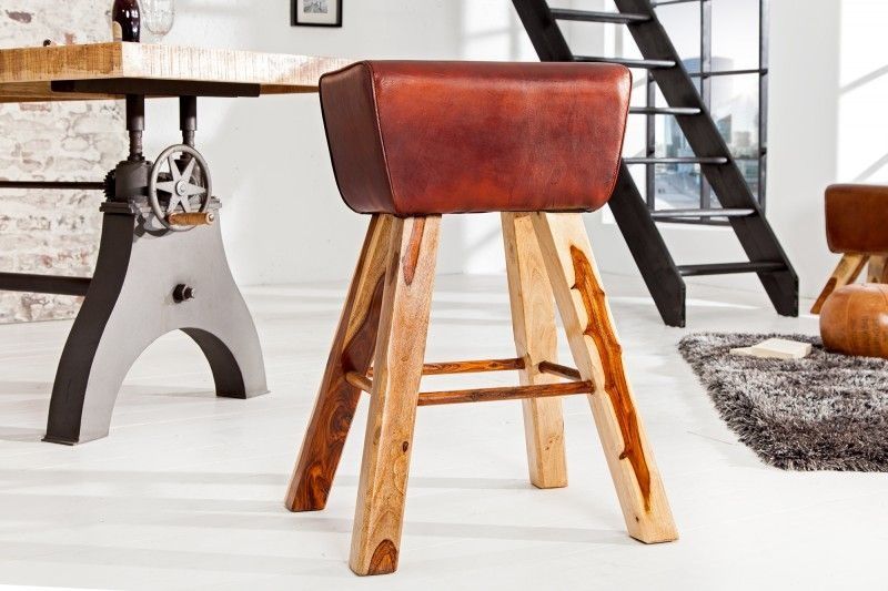 Retro barkruk TURNBOCK 75 cm – echt leren bekleding, mangohout – Invicta Interior