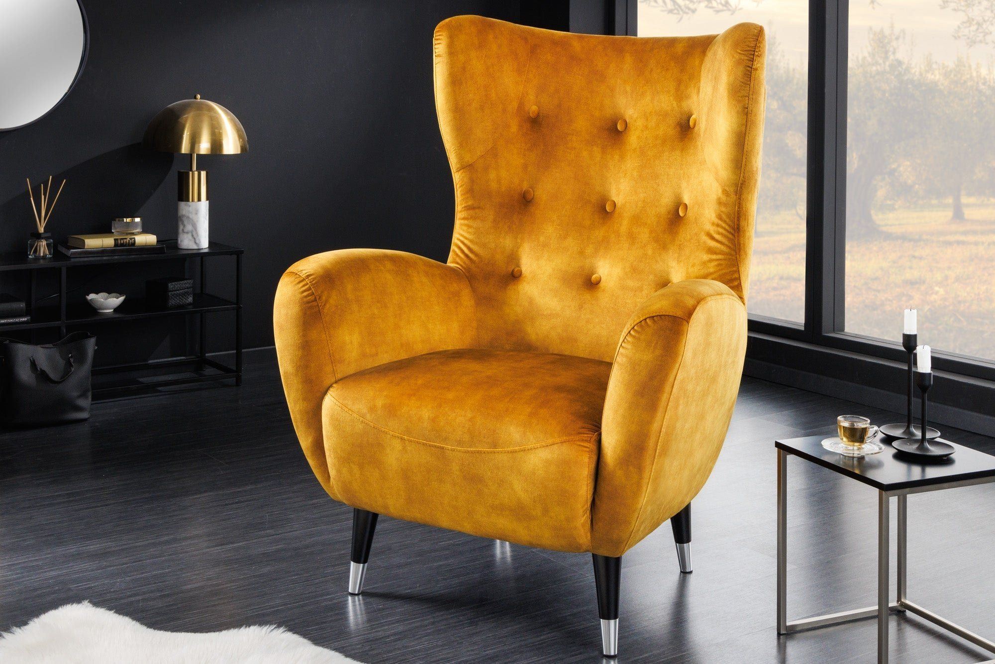Retro Design Fauteuil Don in Mustard Yellow Velvet – Stijlvolle Vleugelstoel van Invicta Interior
