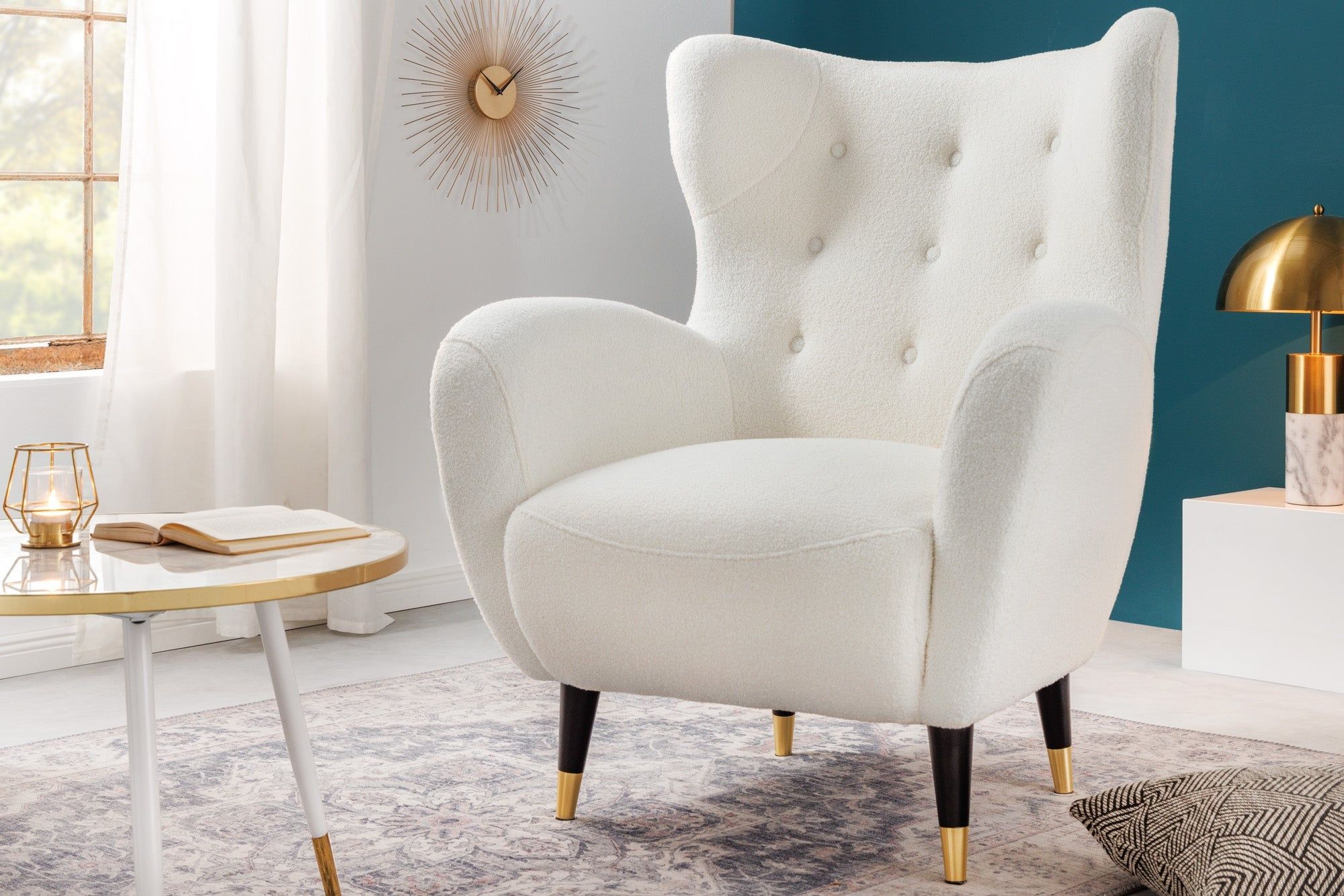 Retro Design Fauteuil DON – Luxe witte bouclé stoel met gouden accent