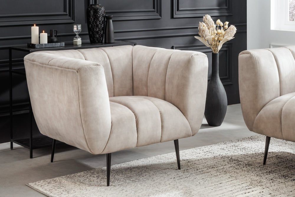Retro fauteuil NOBLESSE – luxe champagne fluweel met decoratieve quilting