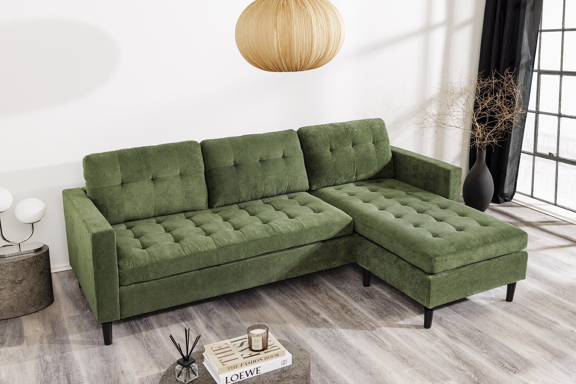 Retro hoekbank Stockholm 220 cm – Groene corduroy, 3‑zits comfort van Invicta Interior