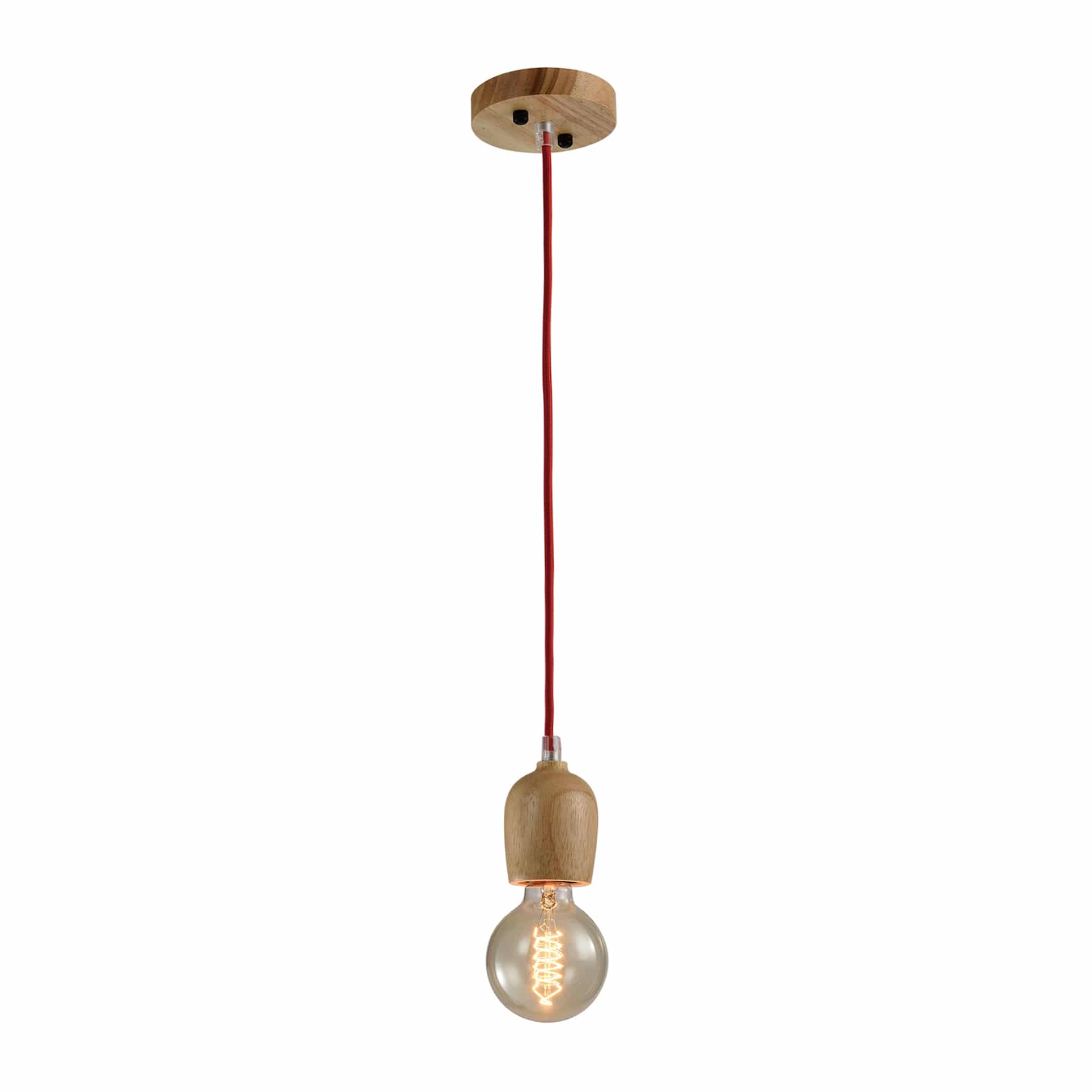 Retro houten hanglamp QUVIO – Compacte pendel met rood snoer