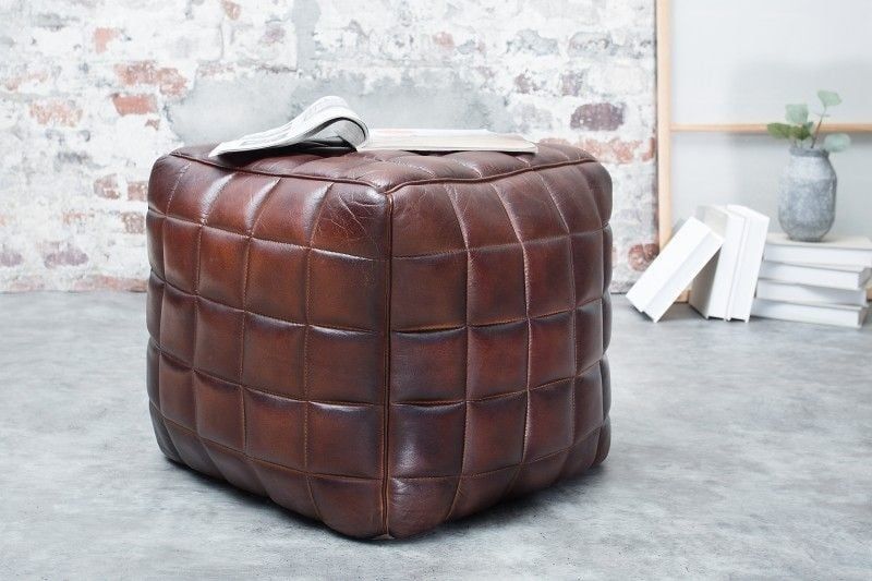 Retro kruk Rider 40 cm – Bruin echt leer met decoratieve stiksels