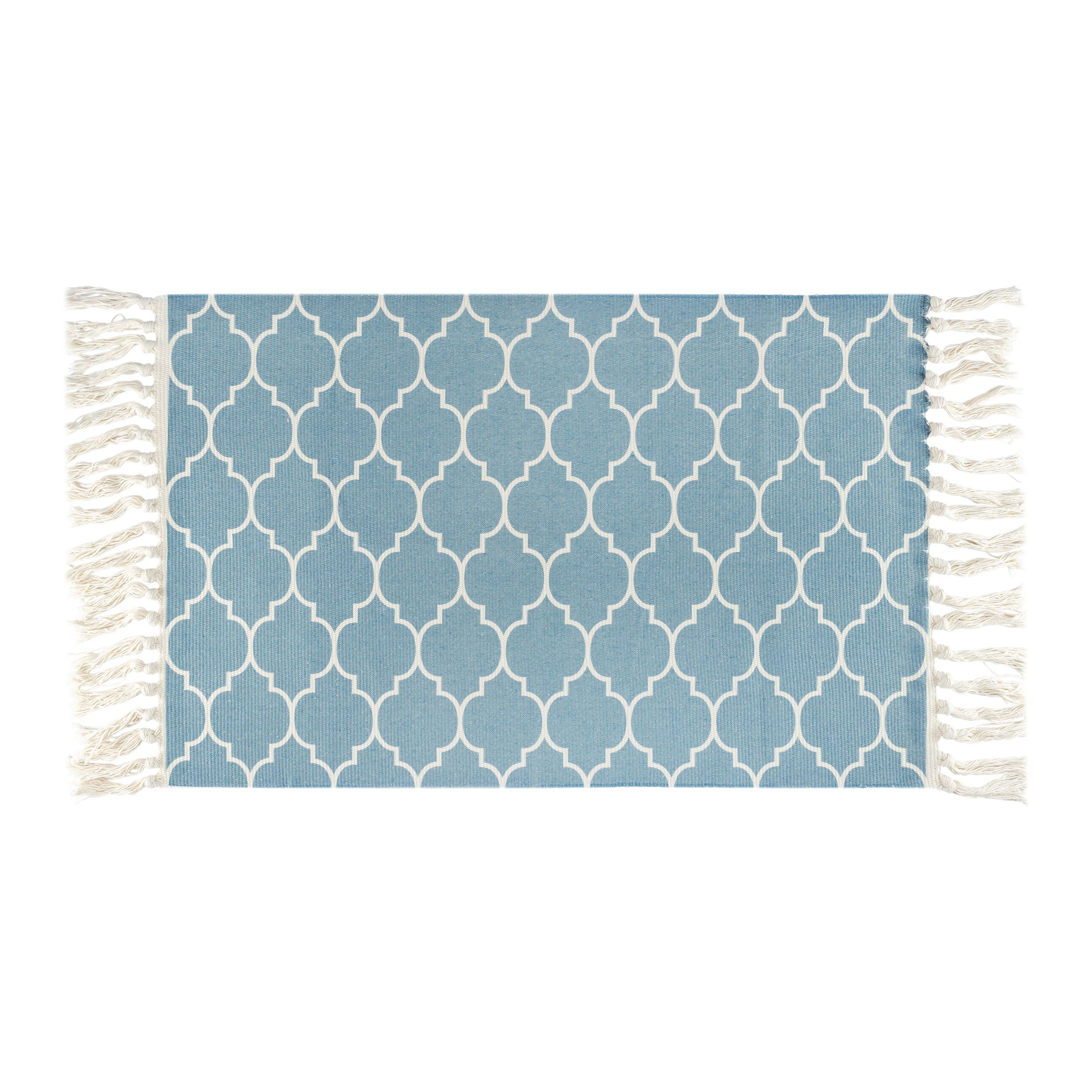 Retro lichtblauw QUVIO vloerkleed met franjes – 90 × 60 cm