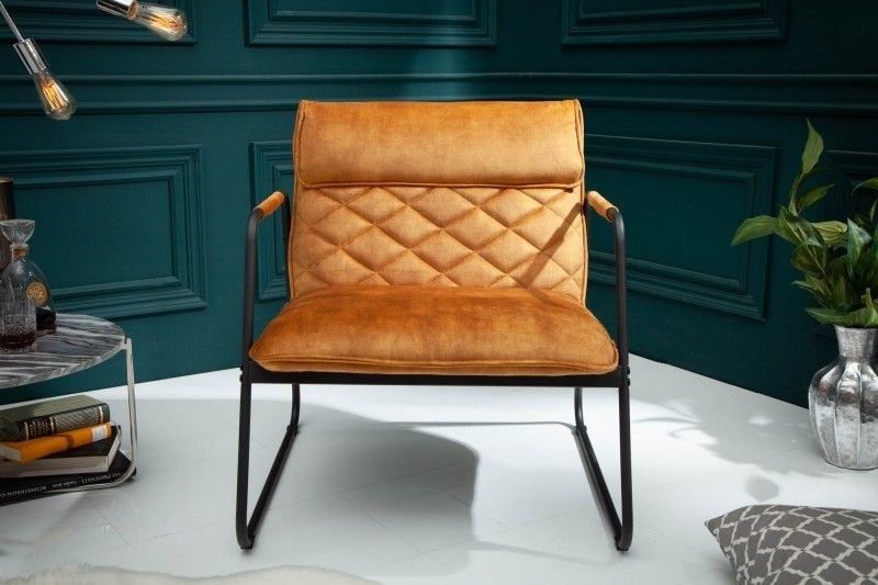 Retro Mustang Lounger – Mustardgeel Fluwel met Decoratieve Stiksels
