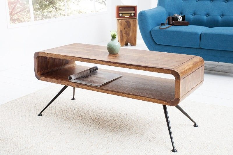 Retro salontafel Alpha – 100 cm Sheesham ondergrond, massief houten blad en strakke zwarte metalen poten