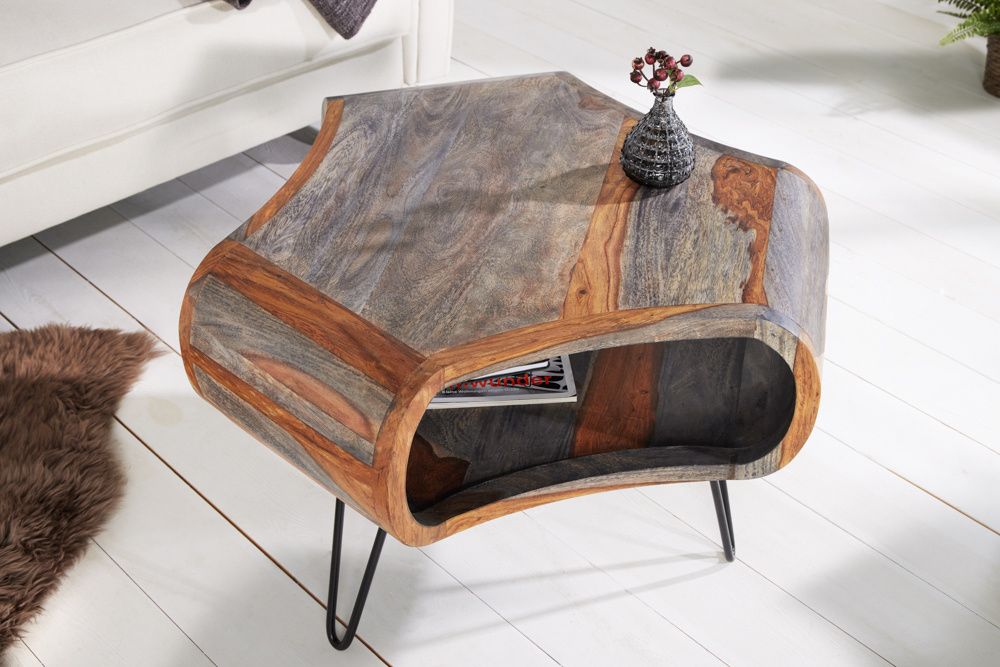 Retro salontafel Organic Living – 70 cm grijs massief sheeshamhout met opbergruimte en hairpin poten