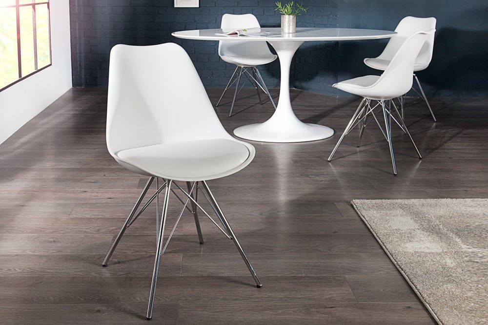Retro Scandinavische Eetkamerstoel – Wit met Verchroomd Frame | Invicta Interior