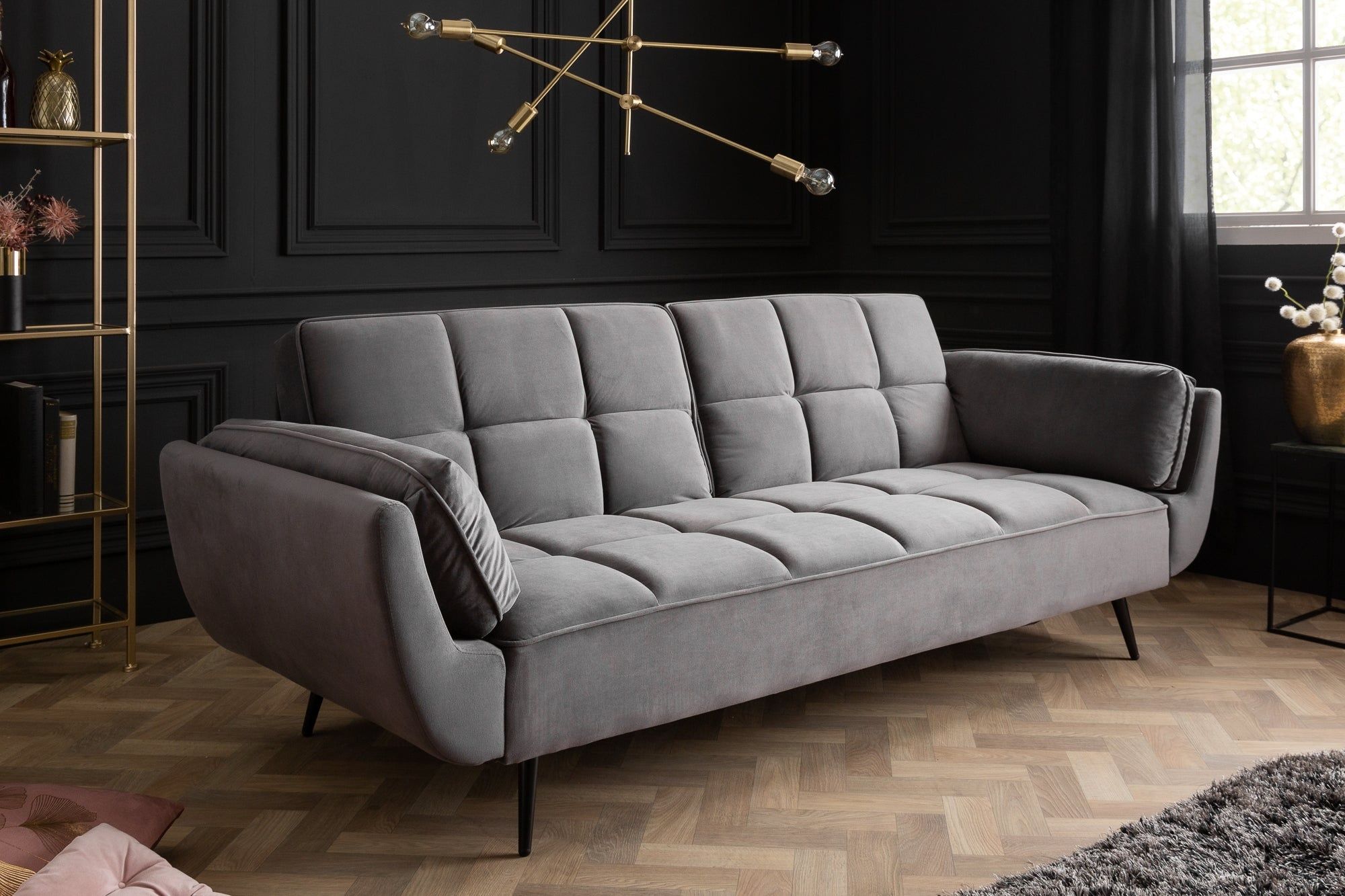 Retro slaapbank Boutique – 215 cm grijs fluweel met zwarte poten
