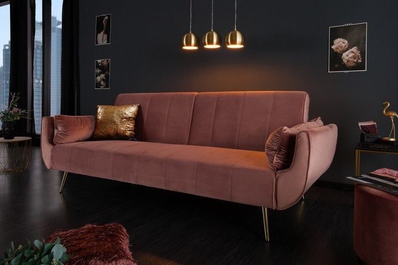 Retro slaapbank DIVANI 220 cm – Oudroze fluweel met gouden poten en slimme bedfunctie