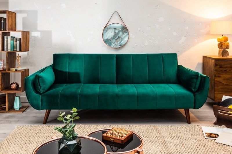 Retro Slaapbank DIVANI 220 cm – Smaragdgroen Fluweel, 3‑zits met Bedfunctie | Invicta Interior
