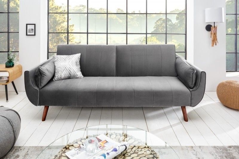 Retro Slaapbank DIVANI 220 cm – Zilvergrijs Fluweel, 3‑Zits met Bedfunctie