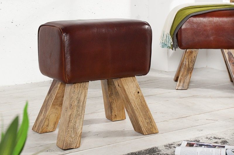 Retro TURNBOCK kruk 40 cm – compact lederen zitcomfort met mangohouten accenten