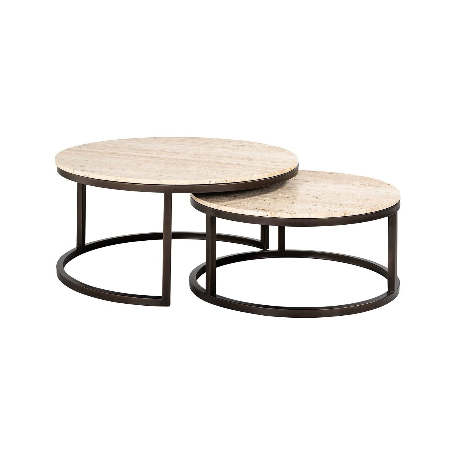 Richmond Avalon Ronde Salontafel Set van 2 – 85 cm, Brons – Travertijn & Metalen Design