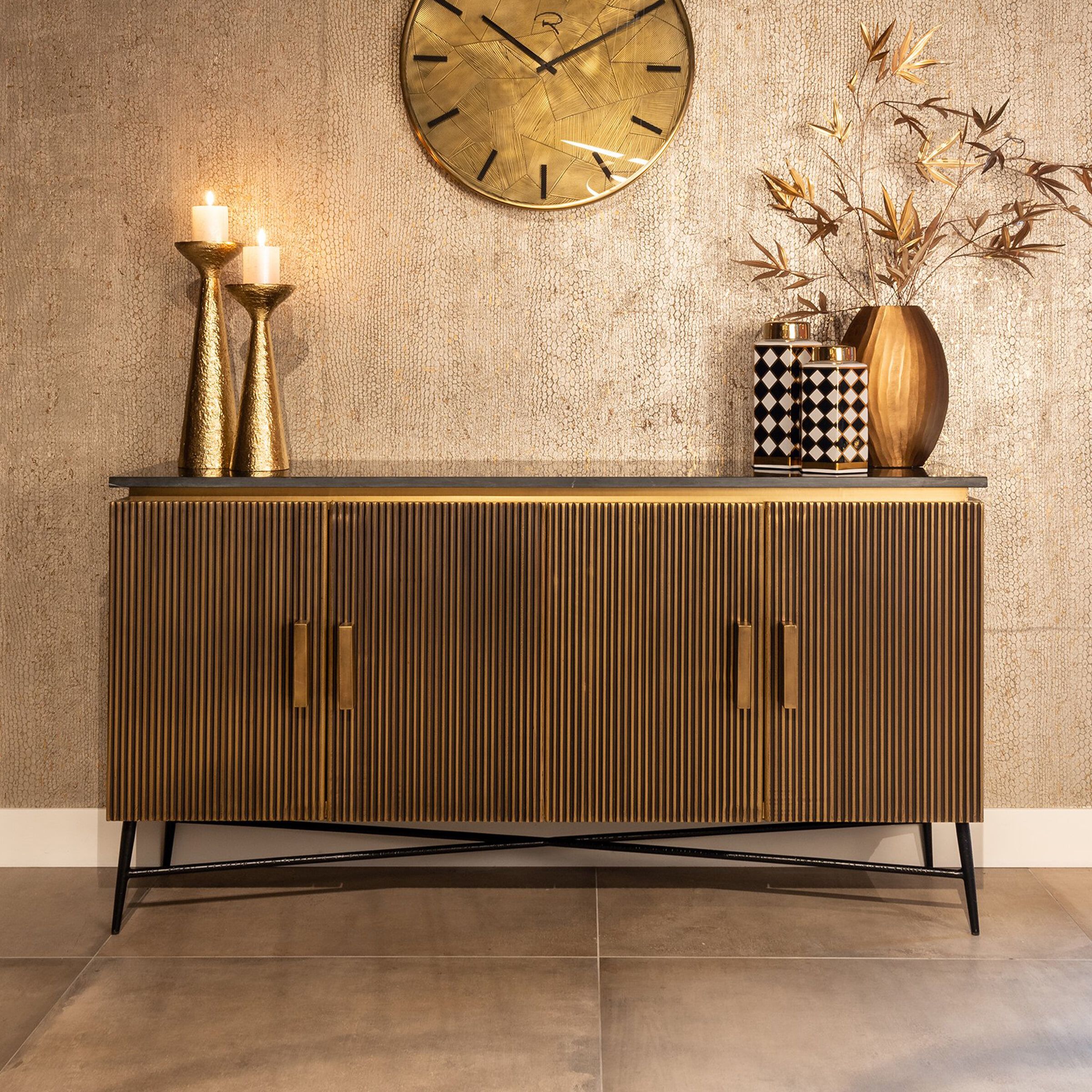 Richmond Dressoir Ironville 160 cm – Luxe Goud & Zwart Marmer