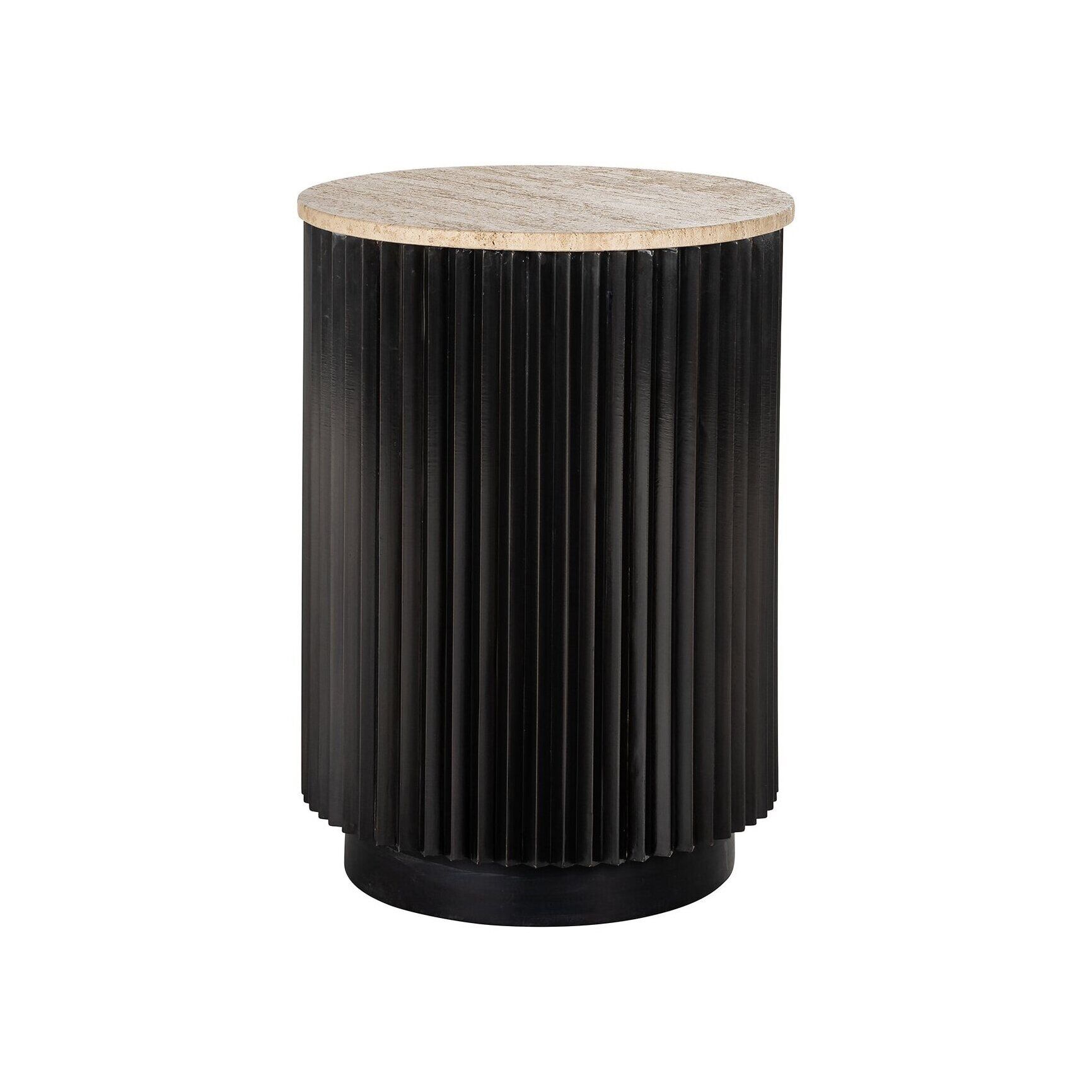 Richmond Hampton bijzettafel – Rond travertijnblad met zwarte metalen poten (45,5 cm)