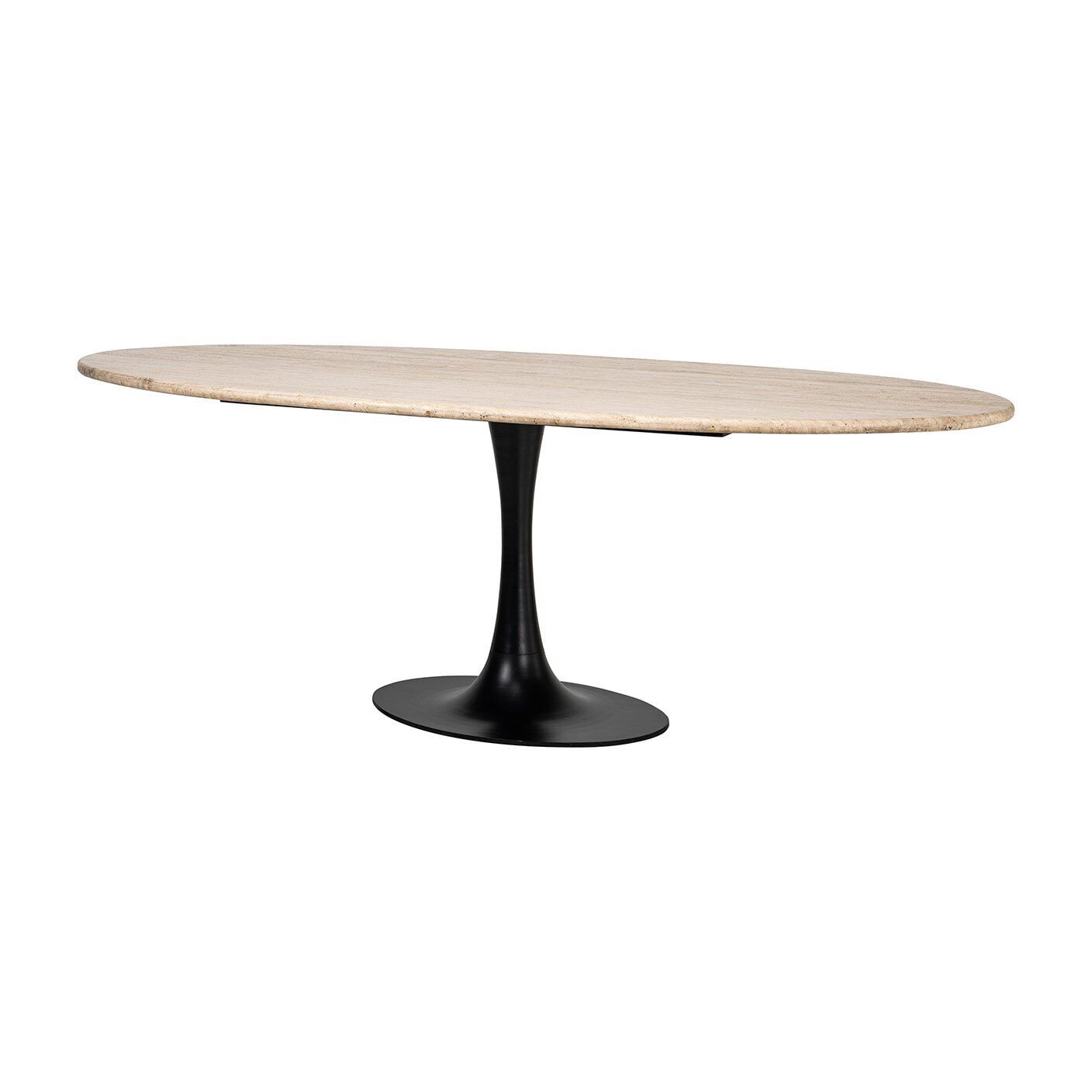 Richmond Hampton Ovale eettafel – Travertijnblad, zwart onderstel, 230 × 100 cm