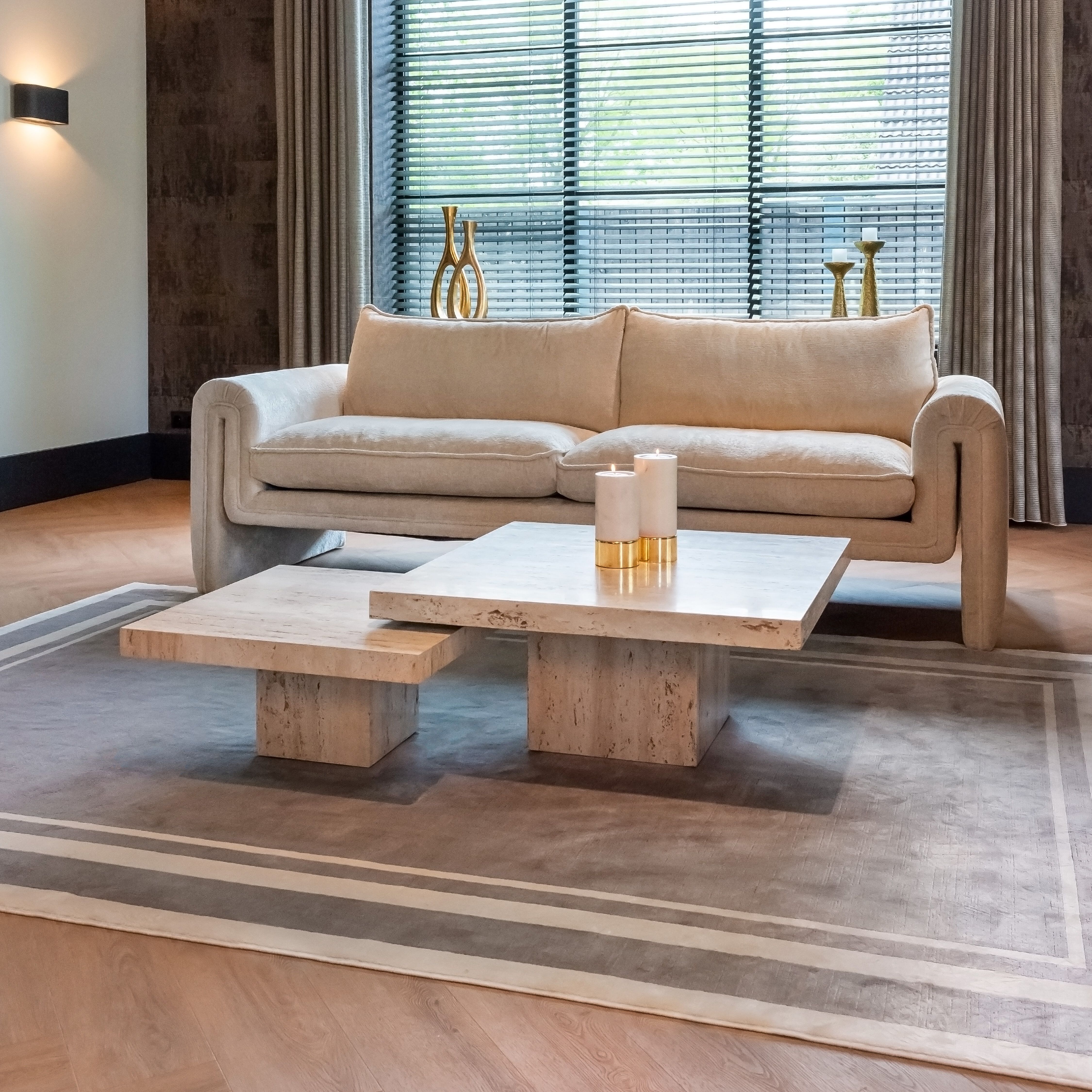 Richmond La Cantera Travertijn Salontafel Set – 80 cm Vierkant, Japandi Stijl, Beige