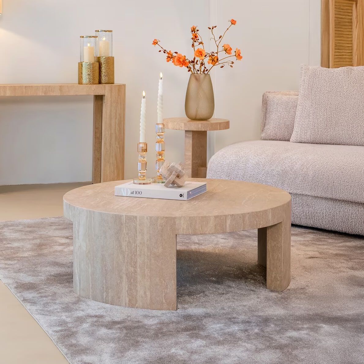Richmond ronde salontafel Biltmore – luxe travertin, 100 cm, beige