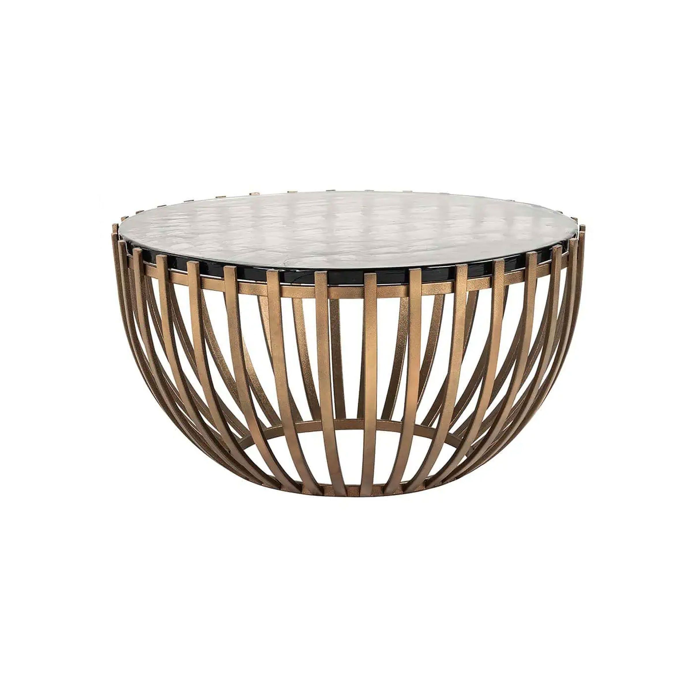 Richmond ronde salontafel Volante – Goudkleurig, 84 cm, modern glas‑en‑ijzerdesign