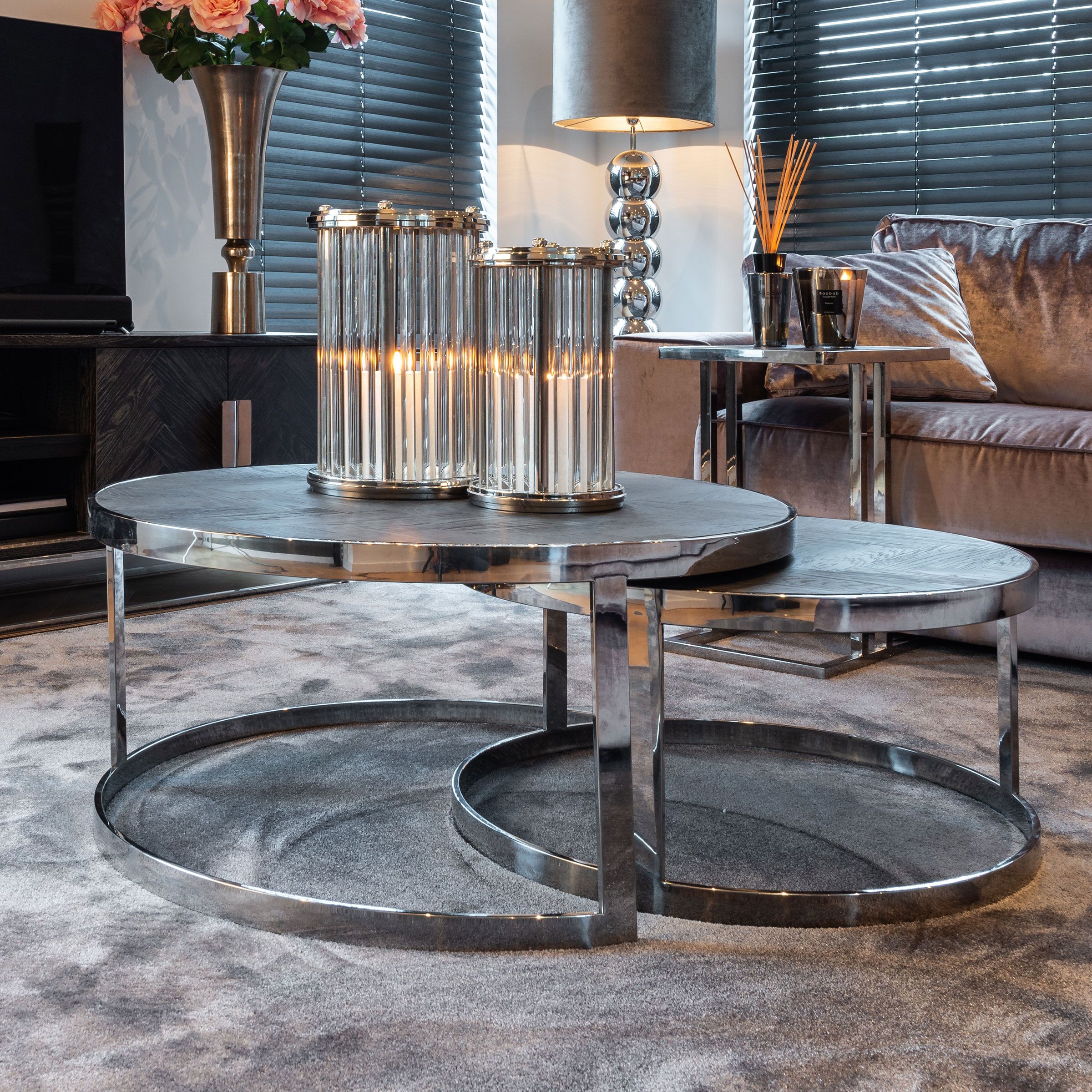 Richmond Salontafel Blackbone – Elegante ronde set van 2 in zwart eiken en zilver RVS