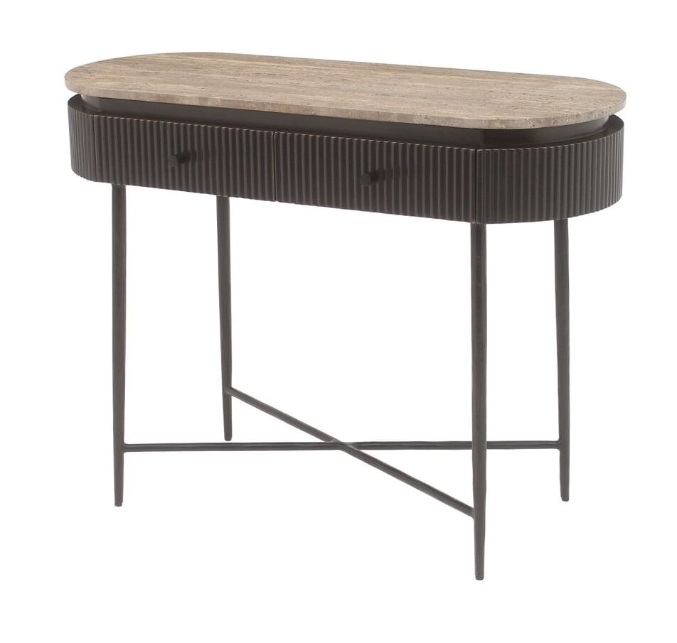Richmond Sidetable Russo – Slank bruine console van travertin en messing