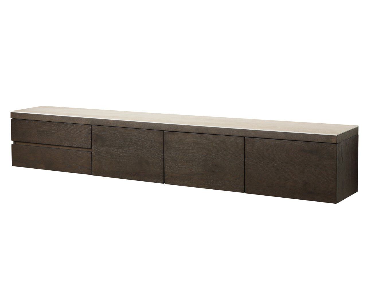 Richmond Zwevend TV-meubel Lachance – 220 cm in warm bruin, eiken fineer & travertinlook