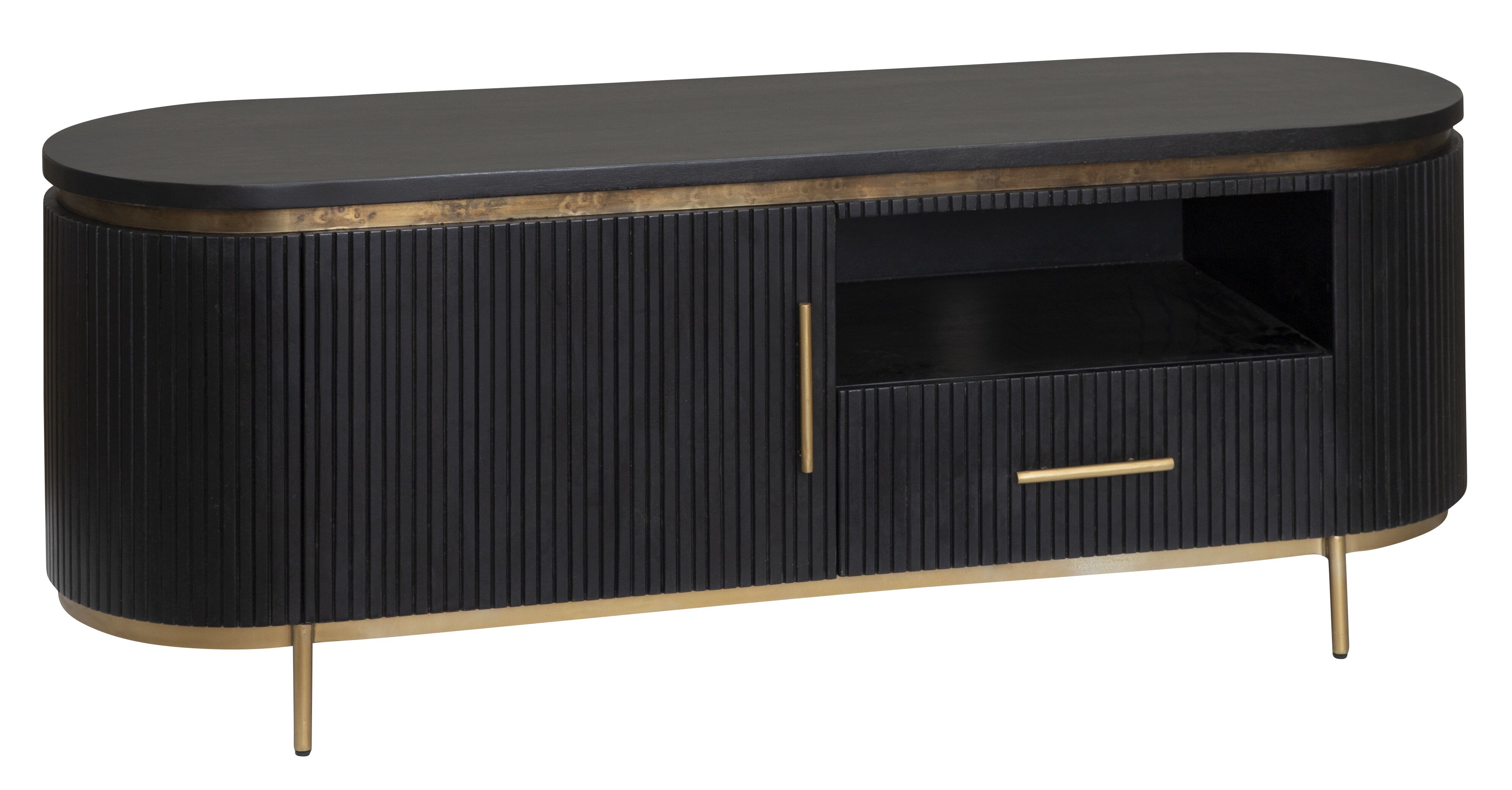 Rivello TV-meubel van Tower Living – 150 cm, zwart mangohout met brass‑accenten