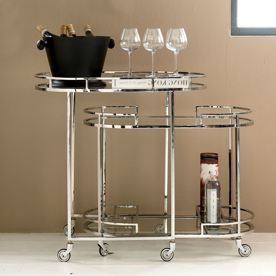 Rivièra Maison Crosby Trolley Set – Luxe barcart in zilveren roestvrij staal