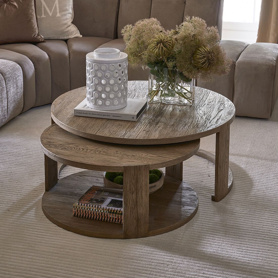 Rivièra Maison Salontafel Astoria – Set van 2 ronde tafels in gerecycled eikenhout