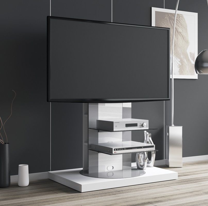 Roma 2 TV‑meubel – 126 cm hoog, hoogglans wit, draaibaar en multifunctioneel